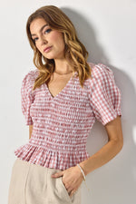 Ivy + Jack Mellow Blush Gingham Shirred V Neck Short Sleeve Top - Blush Gingham