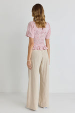 Ivy + Jack Mellow Blush Gingham Shirred V Neck Short Sleeve Top - Blush Gingham