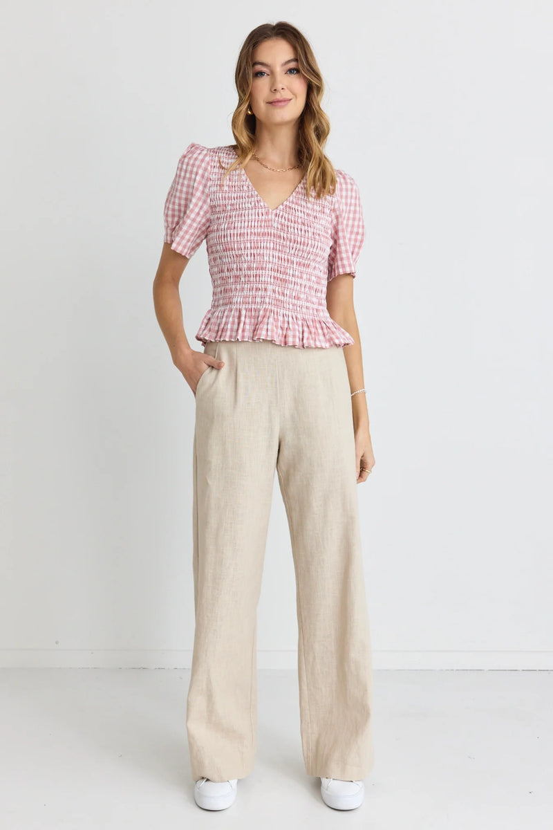 Ivy + Jack Mellow Blush Gingham Shirred V Neck Short Sleeve Top - Blush Gingham