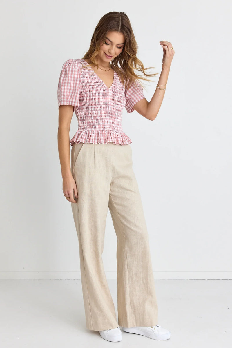 Ivy + Jack Mellow Blush Gingham Shirred V Neck Short Sleeve Top - Blush Gingham