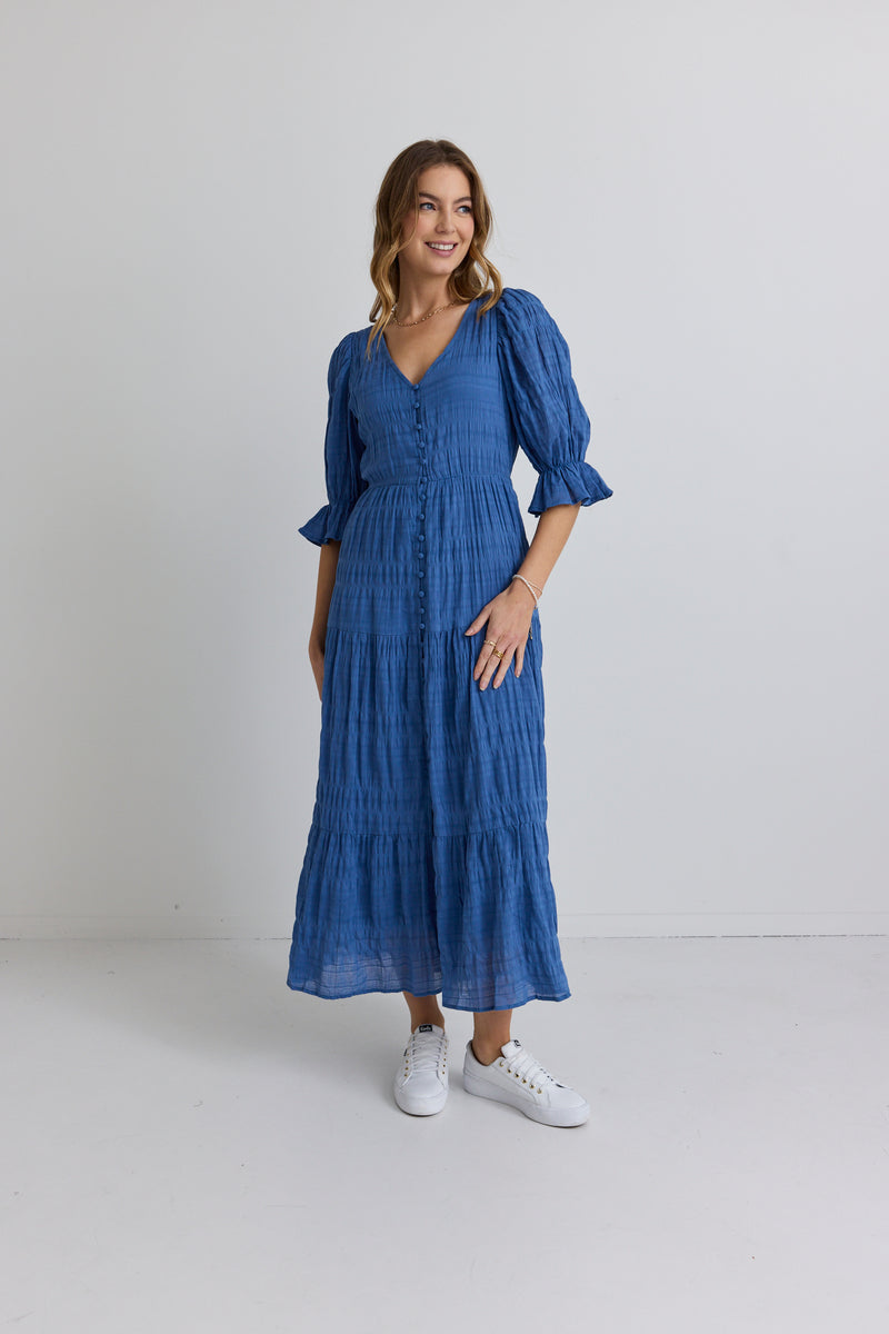 Ivy + Jack Dreamy Steel Blue Bubble SS Button Front Tiered Maxi Dress