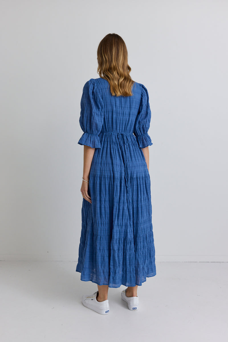 Ivy + Jack Dreamy Steel Blue Bubble SS Button Front Tiered Maxi Dress