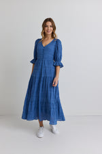 Ivy + Jack Dreamy Steel Blue Bubble SS Button Front Tiered Maxi Dress