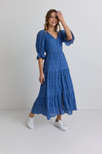 Ivy + Jack Dreamy Steel Blue Bubble SS Button Front Tiered Maxi Dress