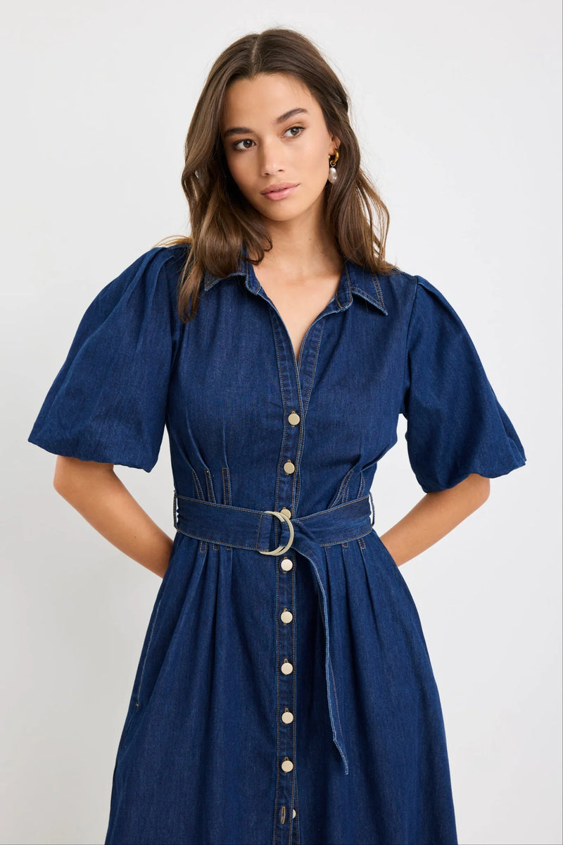 Among The Brave Dusk Indigo Denim Puff Sleeve Maxi Shirt Dress