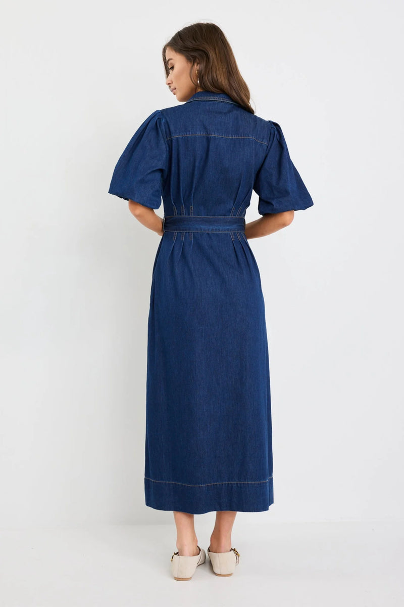 Among The Brave Dusk Indigo Denim Puff Sleeve Maxi Shirt Dress