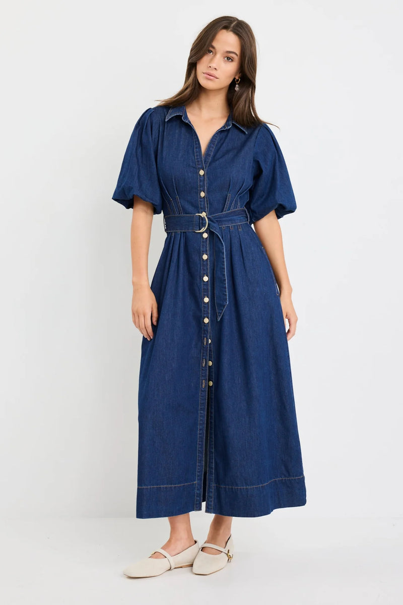 Among The Brave Dusk Indigo Denim Puff Sleeve Maxi Shirt Dress