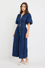 Among The Brave Dusk Indigo Denim Puff Sleeve Maxi Shirt Dress