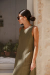 RE: Union Easygoing Khaki Linen Blend Sleeveless Crew Neck Midi Dress