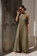 RE: Union Easygoing Khaki Linen Blend Sleeveless Crew Neck Midi Dress