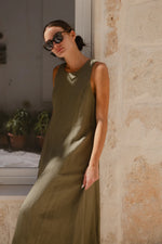 RE: Union Easygoing Khaki Linen Blend Sleeveless Crew Neck Midi Dress