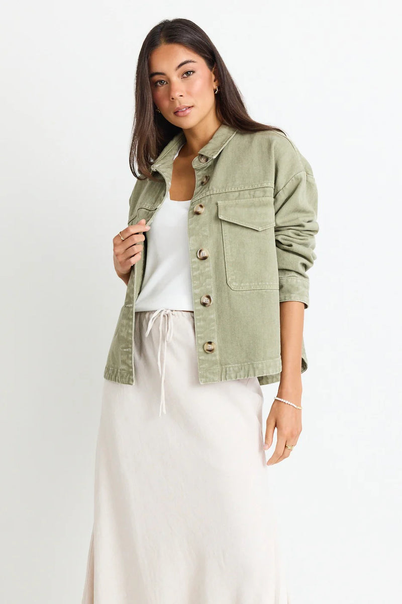 Among The Brave Echo Khaki Patch Pocket Denim Jacket - Khaki