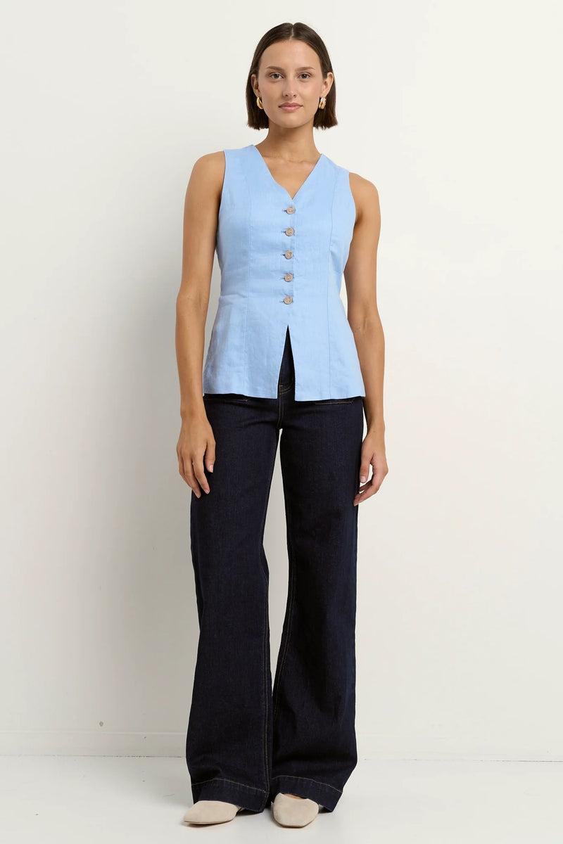 Among The Brave Eiffel Pale Blue Linen Fitted Longline Vest - Pale Blue