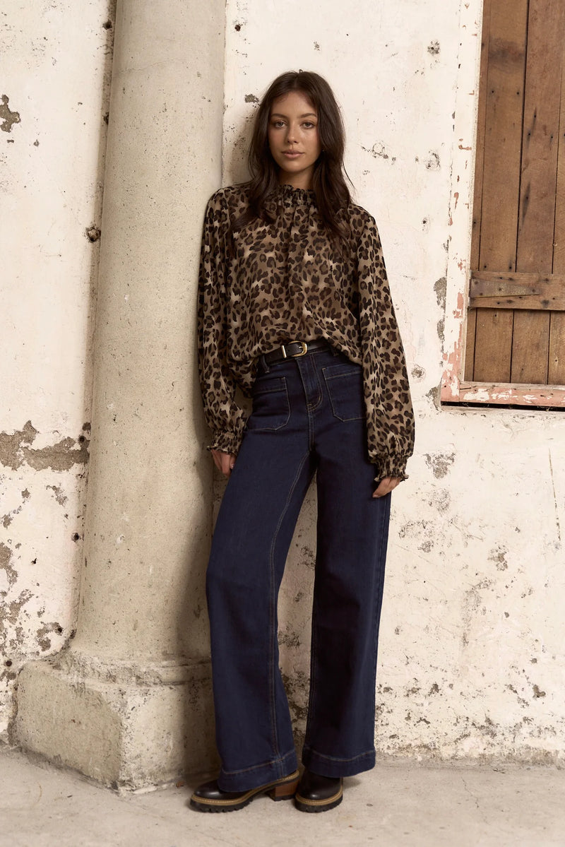 Among The Brave Embrace Leopard Georgette High Neck LS Top - Leopard
