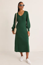 Among the Brave Escapade Emerald LS Flare Knit Dress - Emerald