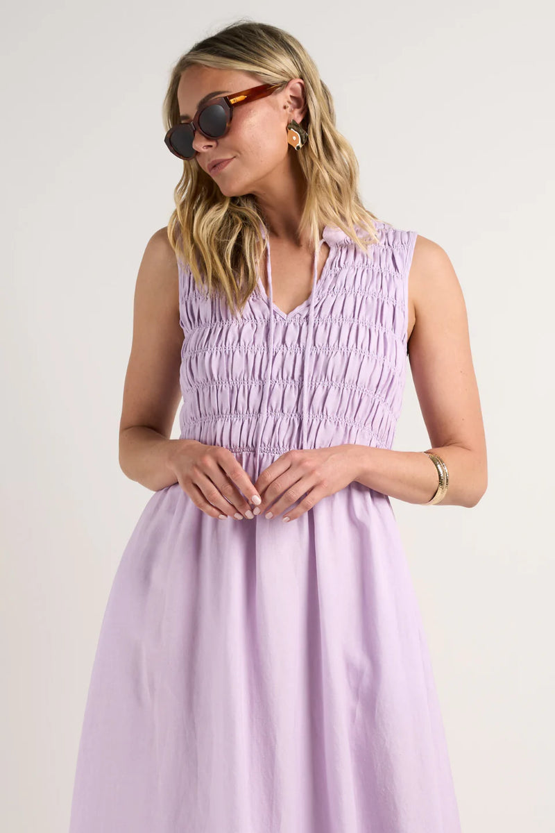 RE: Union Explorer Lilac Sleeveless Split Neck Shirred Midi Dress - Lilac