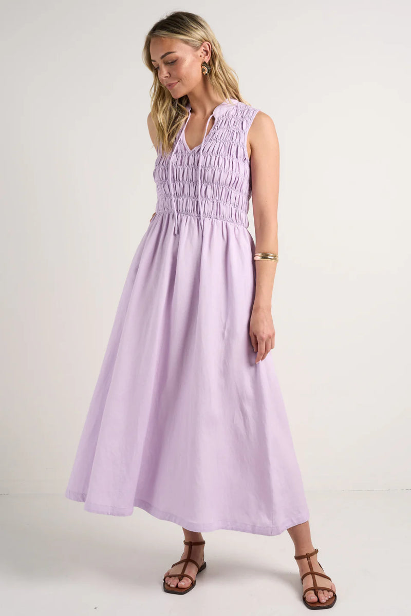 RE: Union Explorer Lilac Sleeveless Split Neck Shirred Midi Dress - Lilac