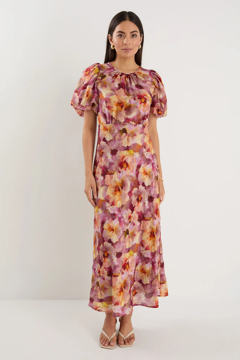 Georgia Mae Exquisite Pink Multi Floral Puff Sleeve Midi Dress - Pink Multi Floral