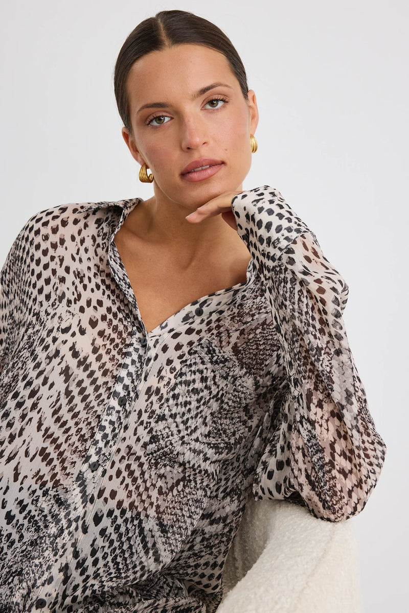 Stories Be Told Felix Charcoal Snake Georgette Oversized Shirt - Charcoal Snake