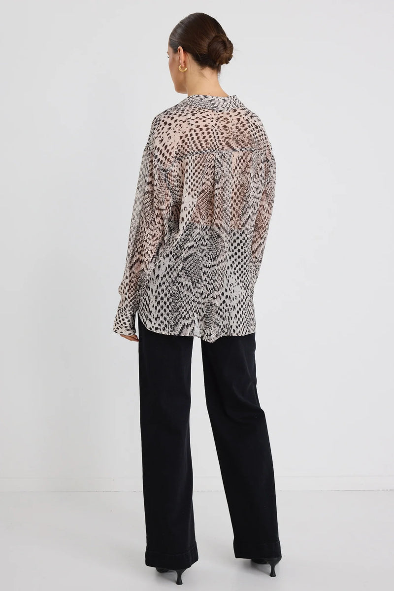 Stories Be Told Felix Charcoal Snake Georgette Oversized Shirt - Charcoal Snake