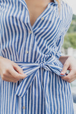 Stories Be Told Forward Blue Stripe Cotton Midi Shirt Dress - Blue Stripe