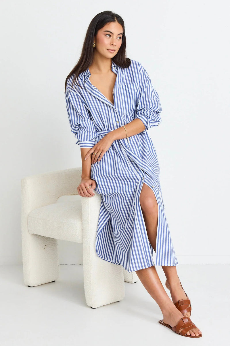 Stories Be Told Forward Blue Stripe Cotton Midi Shirt Dress - Blue Stripe