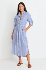 Stories Be Told Forward Blue Stripe Cotton Midi Shirt Dress - Blue Stripe