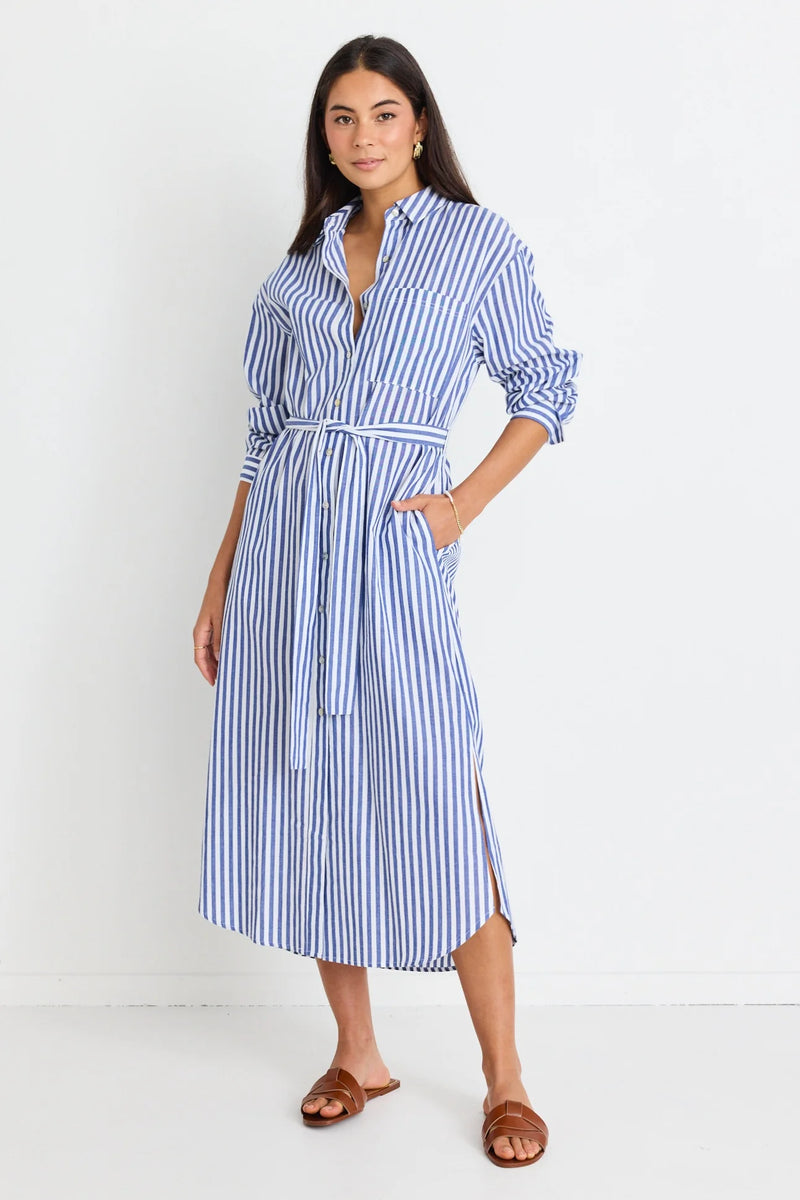 Stories Be Told Forward Blue Stripe Cotton Midi Shirt Dress - Blue Stripe