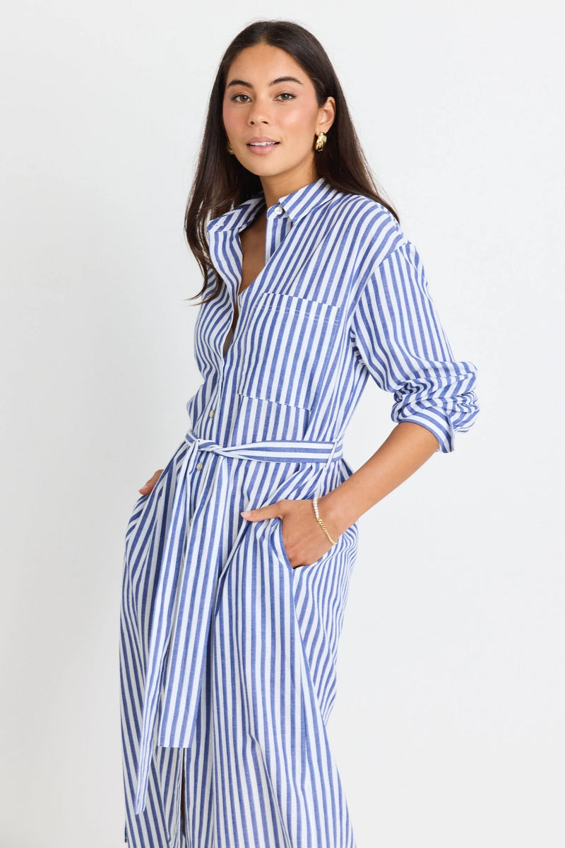 Stories Be Told Forward Blue Stripe Cotton Midi Shirt Dress - Blue Stripe