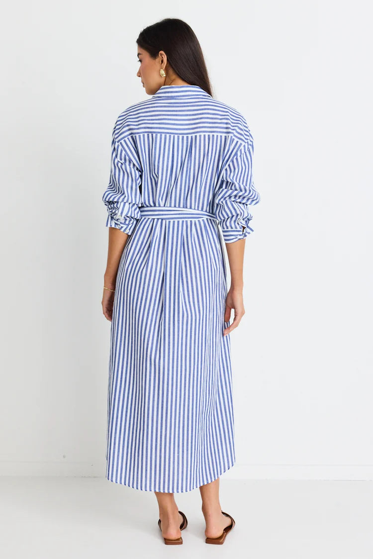 Stories Be Told Forward Blue Stripe Cotton Midi Shirt Dress - Blue Stripe