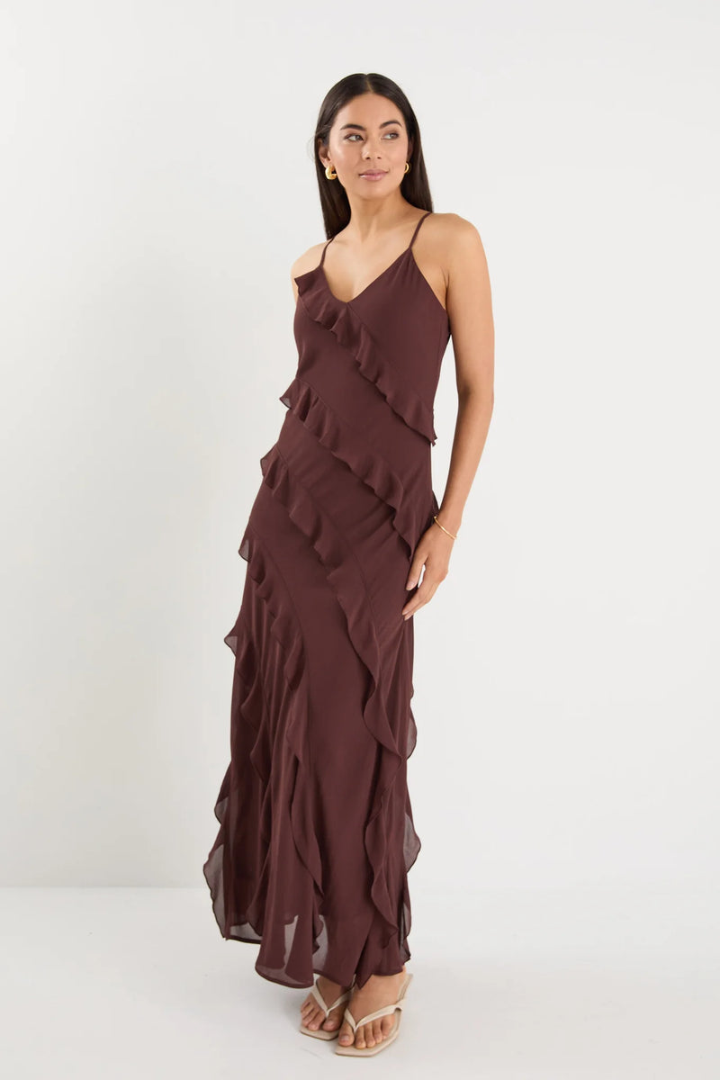Galore Chocolate Bias Ruffle Slip Maxi Dress - Chocolate