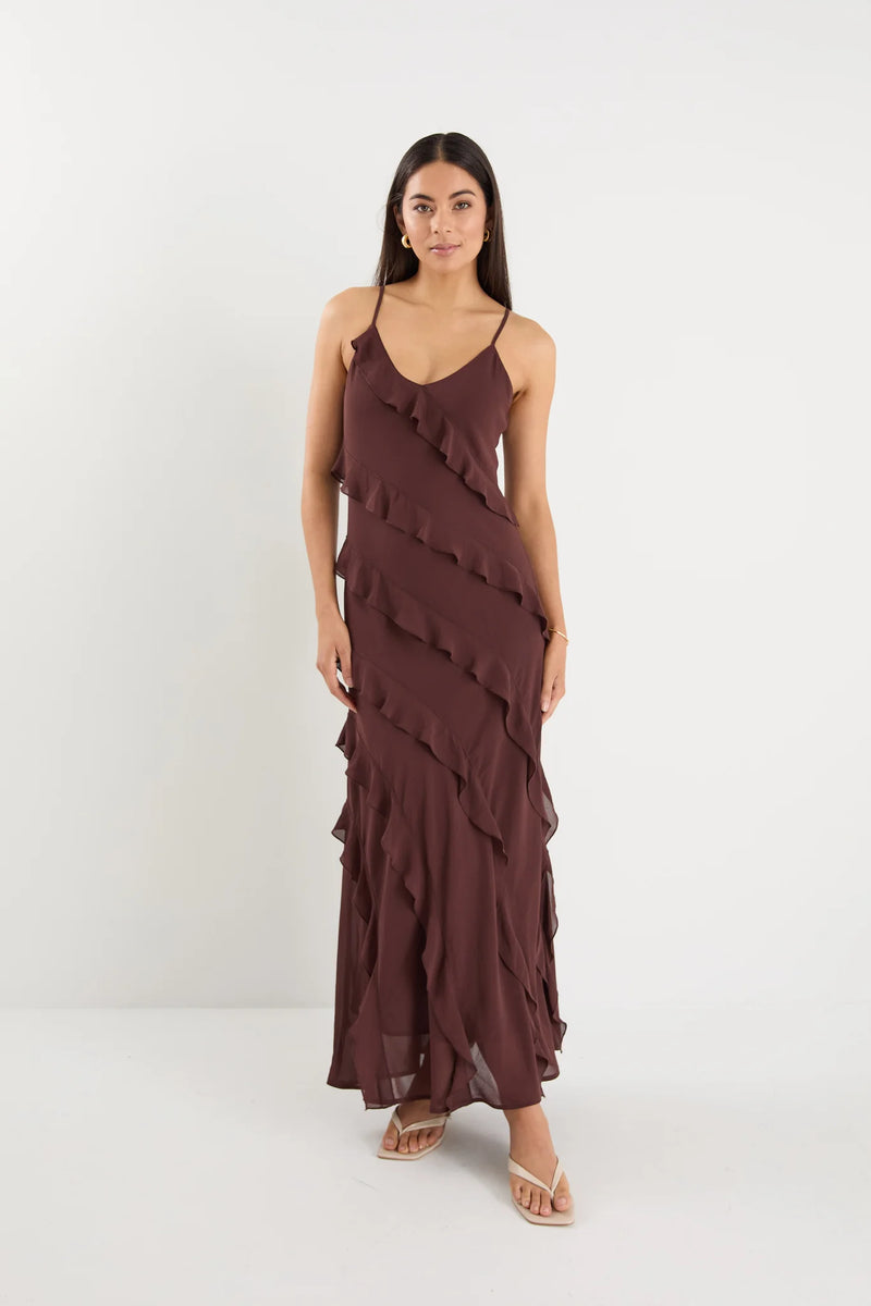 Galore Chocolate Bias Ruffle Slip Maxi Dress - Chocolate