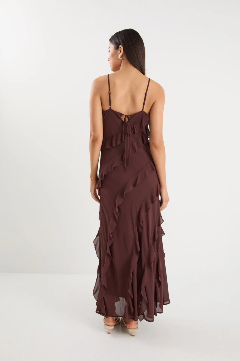 Galore Chocolate Bias Ruffle Slip Maxi Dress - Chocolate
