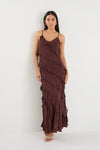Galore Chocolate Bias Ruffle Slip Maxi Dress - Chocolate