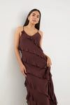 Galore Chocolate Bias Ruffle Slip Maxi Dress - Chocolate