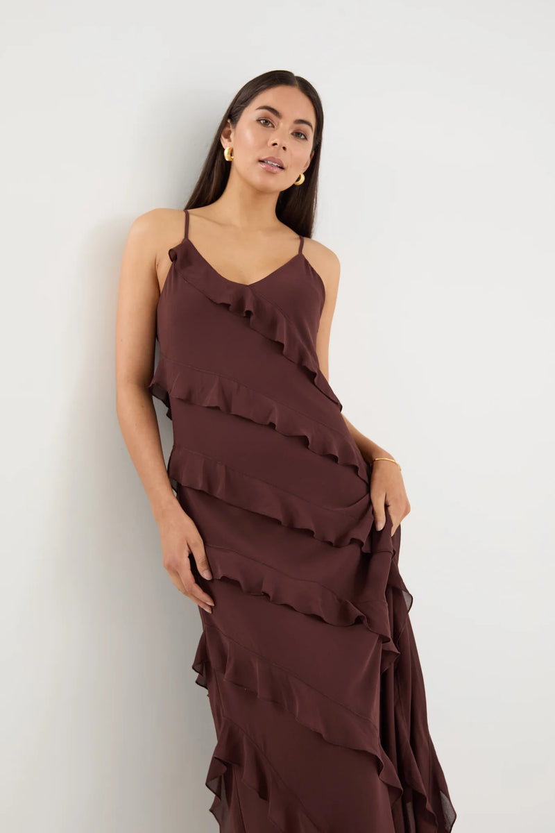 Galore Chocolate Bias Ruffle Slip Maxi Dress - Chocolate