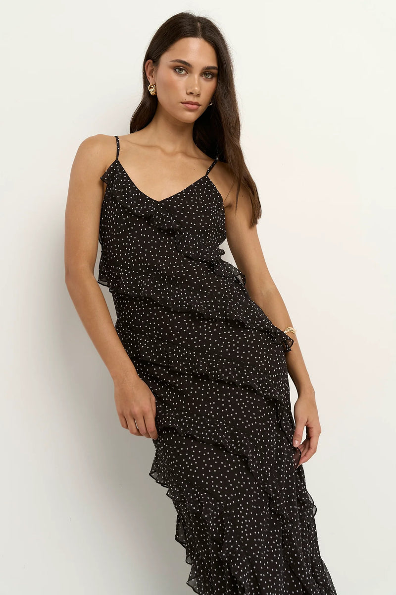 Georgia Mae Galore Black Polka Dot Bias Ruffle Slip Maxi Dress - Black Polka Dot