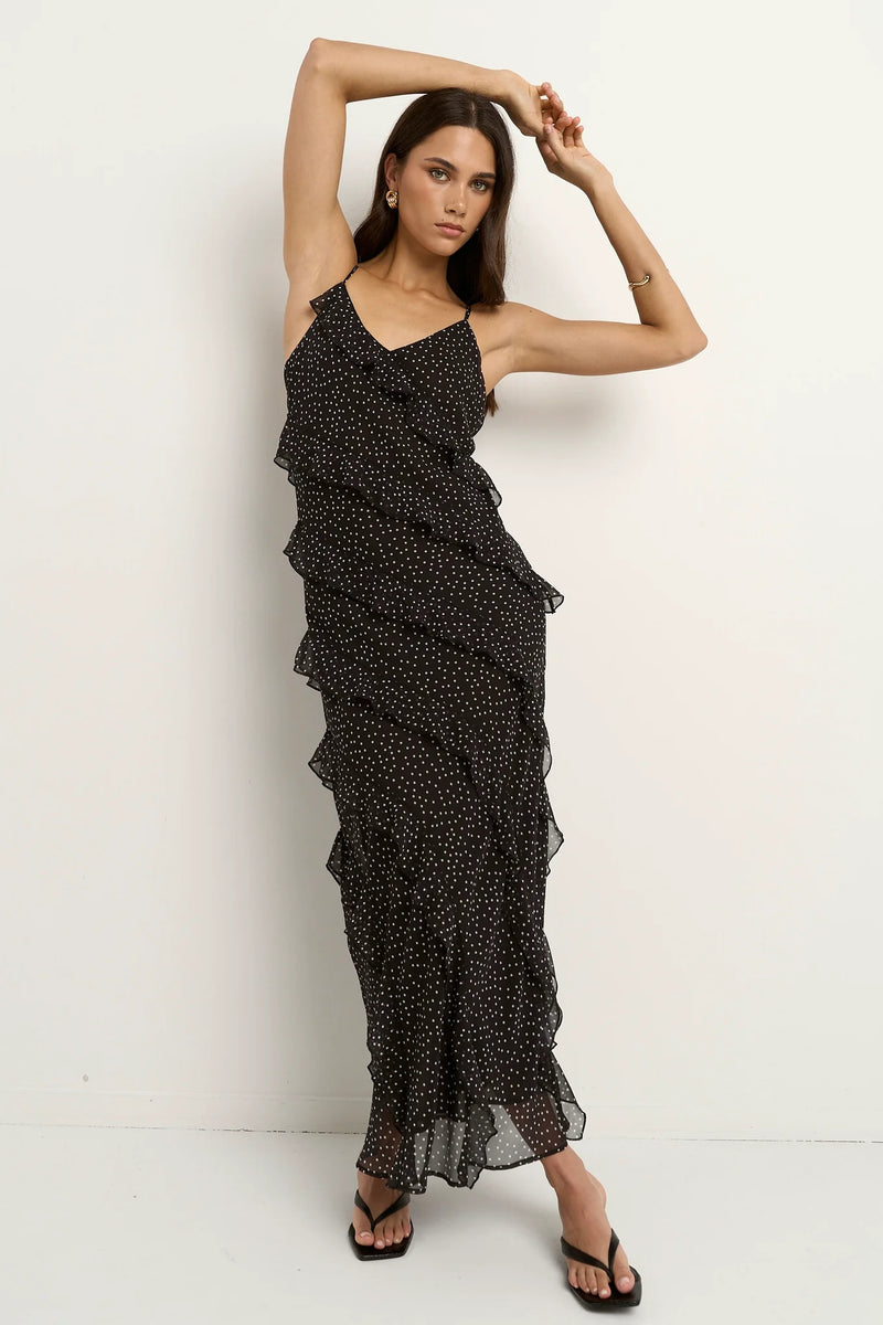 Georgia Mae Galore Black Polka Dot Bias Ruffle Slip Maxi Dress - Black Polka Dot