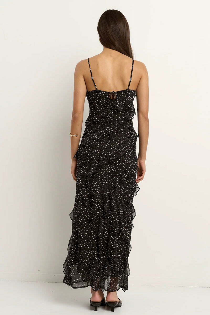 Georgia Mae Galore Black Polka Dot Bias Ruffle Slip Maxi Dress - Black Polka Dot