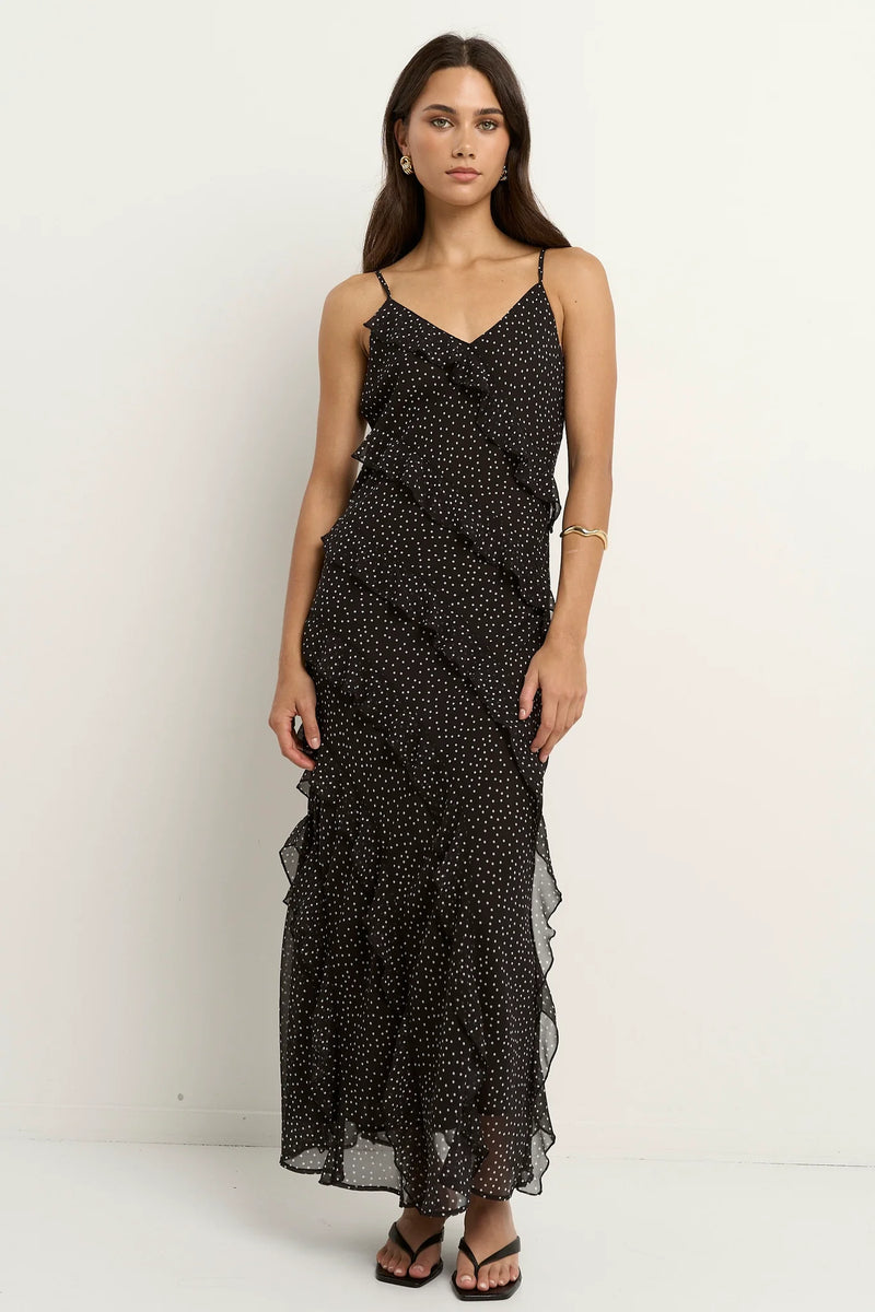 Georgia Mae Galore Black Polka Dot Bias Ruffle Slip Maxi Dress - Black Polka Dot