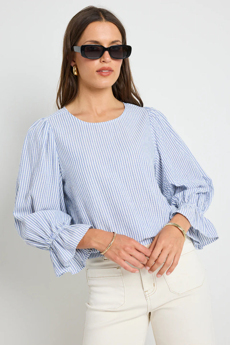 Ivy + Jack Imagine Blue Stripe Shirred Back LS Top