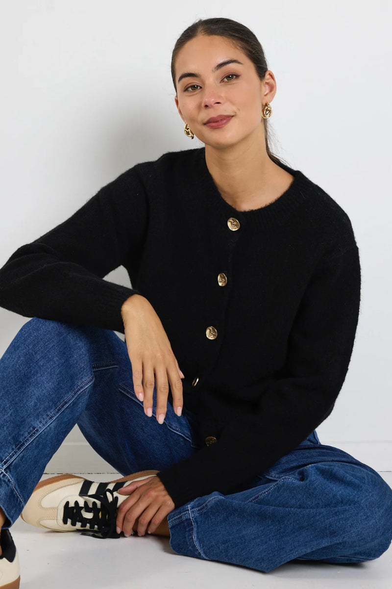 Stories Be Told Imprint Black Soft Knit Crewneck Cardigan - Black
