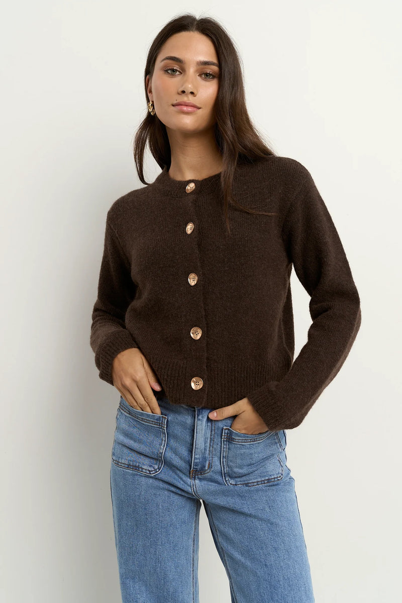 Stories Be Told Imprint Chocolate Soft Knit Crewneck Cardigan - Chocolate