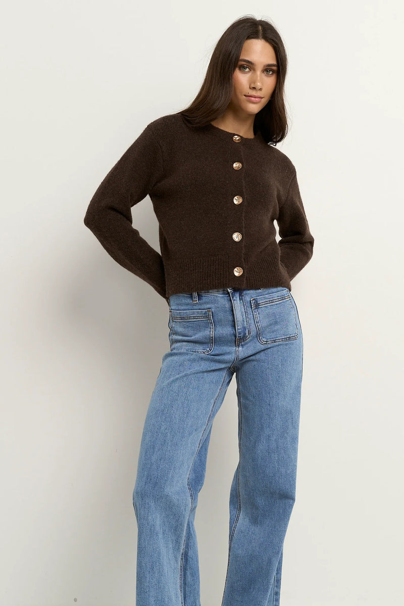 Stories Be Told Imprint Chocolate Soft Knit Crewneck Cardigan - Chocolate