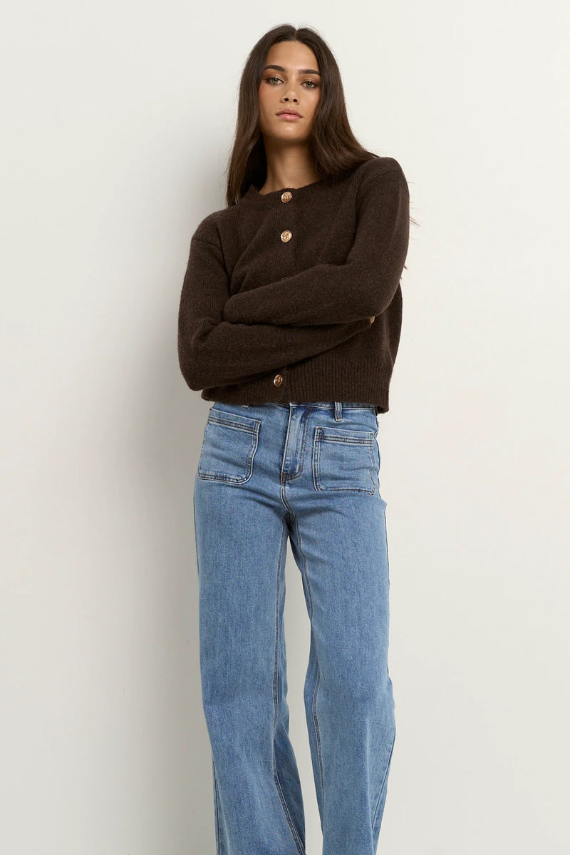 Stories Be Told Imprint Chocolate Soft Knit Crewneck Cardigan - Chocolate