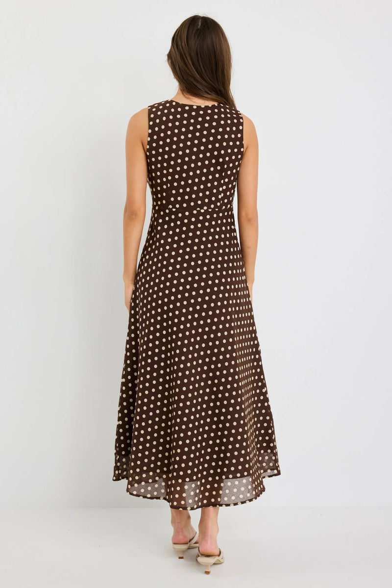Among The Brave Infinity Chocolate Polka Dot Sleeveless Bias Midi Dress - Chocolate Polka Dot