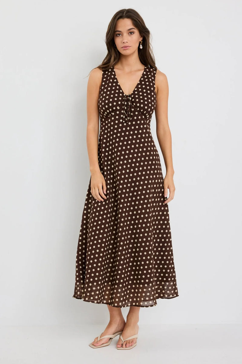 Among The Brave Infinity Chocolate Polka Dot Sleeveless Bias Midi Dress - Chocolate Polka Dot