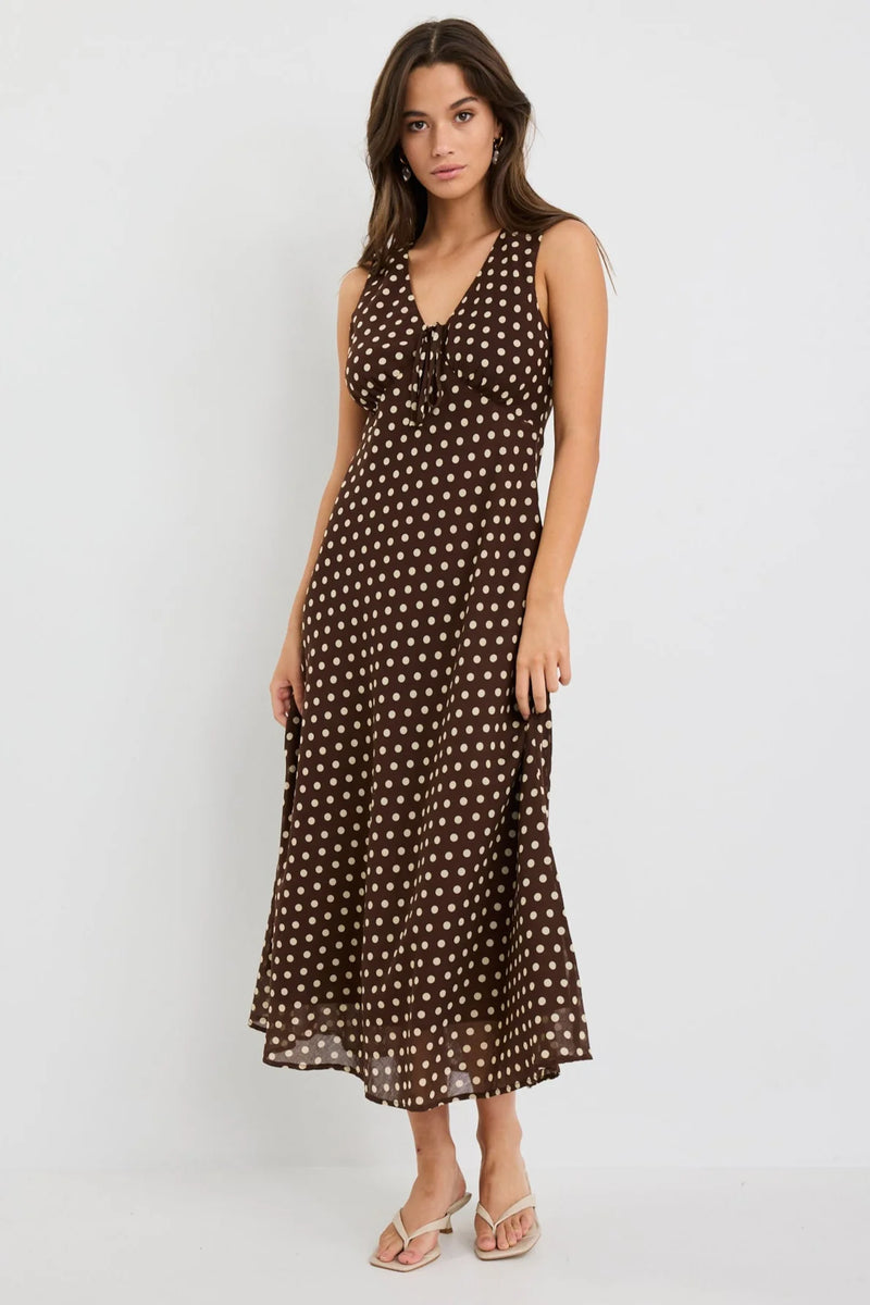 Among The Brave Infinity Chocolate Polka Dot Sleeveless Bias Midi Dress - Chocolate Polka Dot