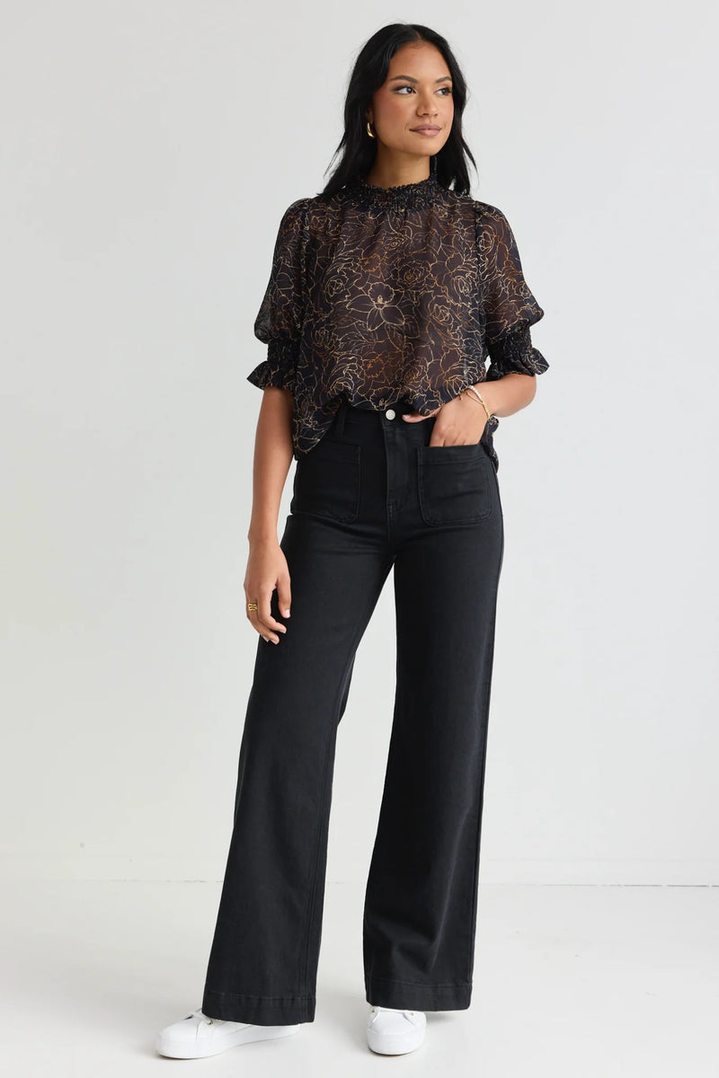 Among the Brave Influential High Neck SS Top - Chocolate Rose Sketch