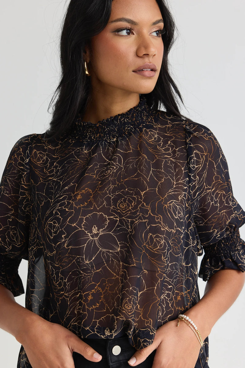 Among the Brave Influential High Neck SS Top - Chocolate Rose Sketch